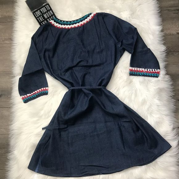 Denim Crocheted Belted Dress - Picture 4 of 6